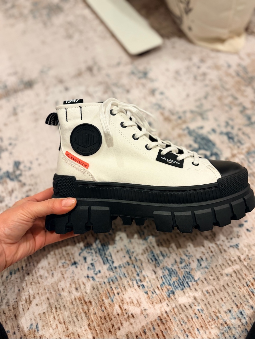 Palladium White and Black Platform Lug-Sole High-Top Sneakers - Picture 4 of 6